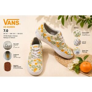 Vans Authentic Citrus Orange Floral Blossom Print Low Top Sneakers Womens 7.0